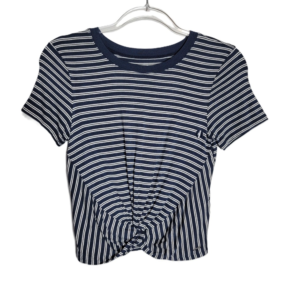 Hollister Womens Easy T Shirt Navy White Stripe Twist Front Cropped Top XS